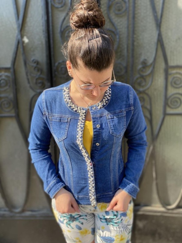 LifeShe Veste Jeans Courte Femme Perles Strass - Veste Denim Élégante Et Tendance