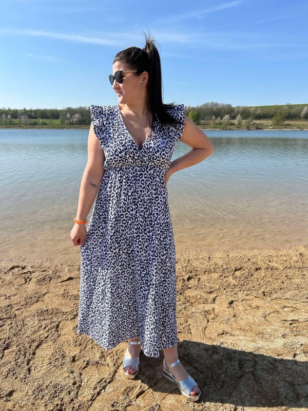 Robe D'été Bleue à Motifs Palmiers - Taille L - Élastique Plage Vintage - Occasion Très Bon état