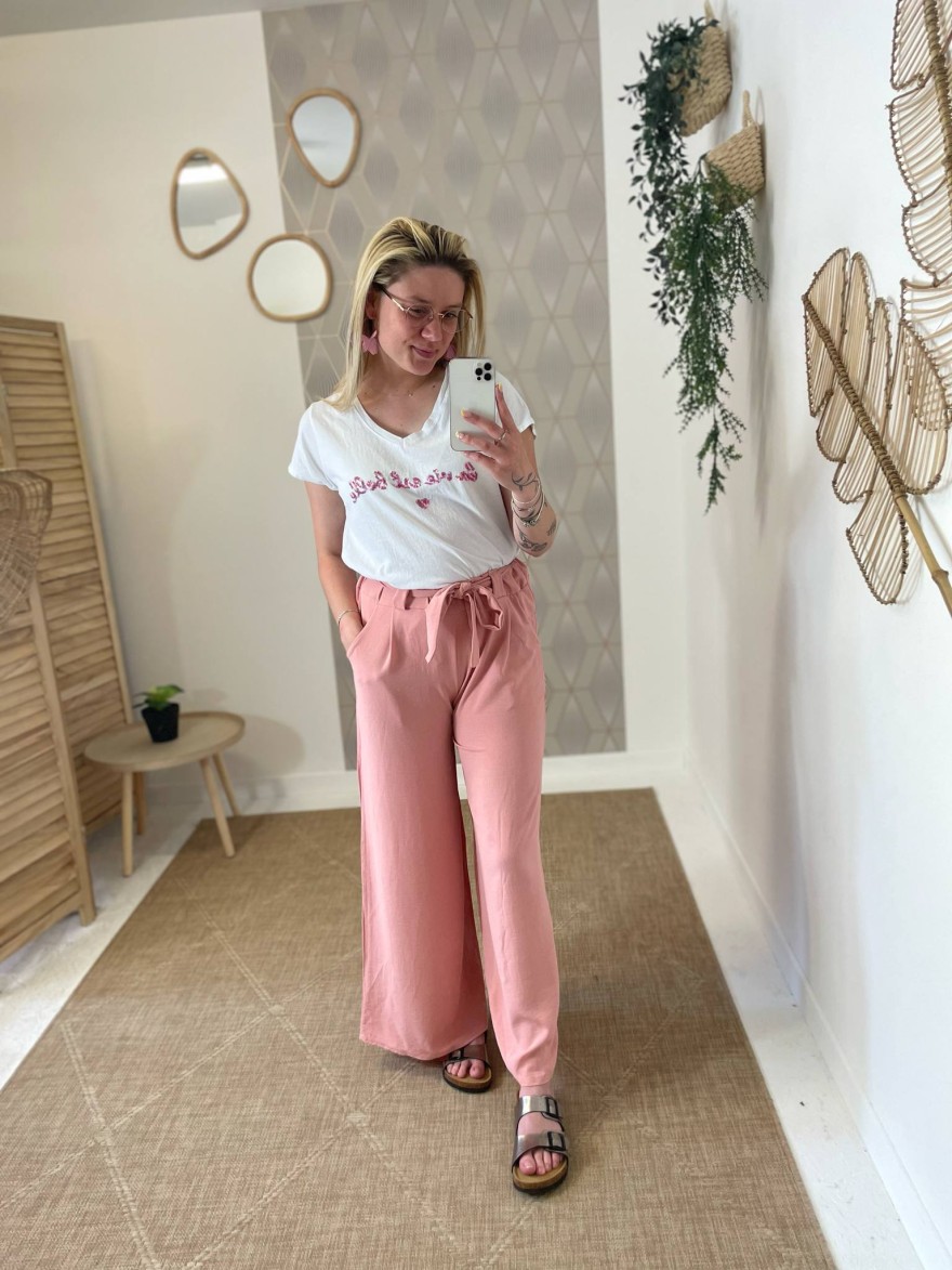 Pantalon Fluide Rose Poudré Avec Ceinture | Marina & Paloma