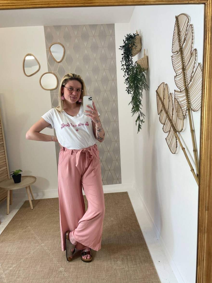Pantalon Fluide Rose Poudré Avec Ceinture | Marina & Paloma