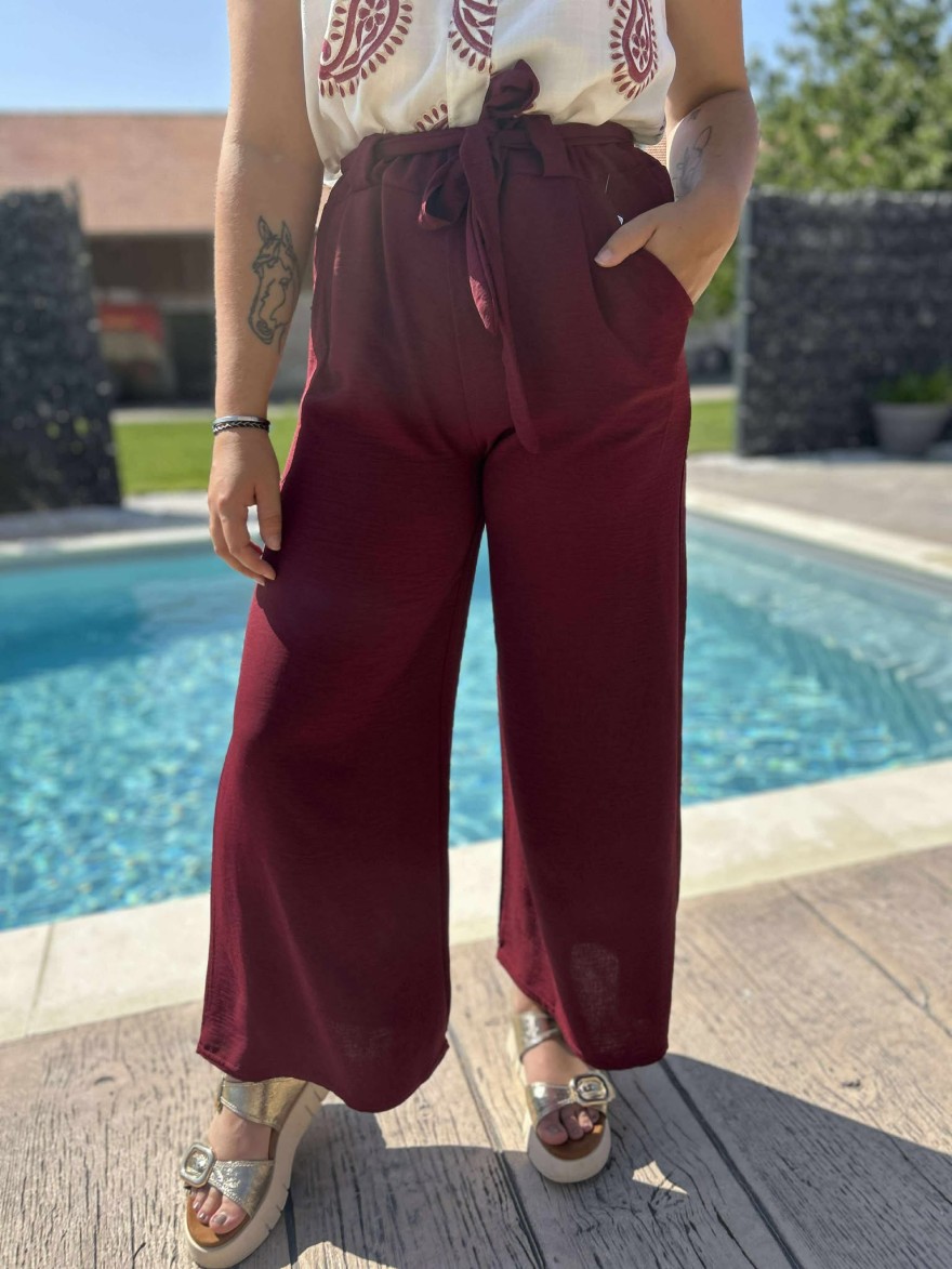 Pantalon fluide taille unique bordeaux ceinturé Hera | Marina & Paloma