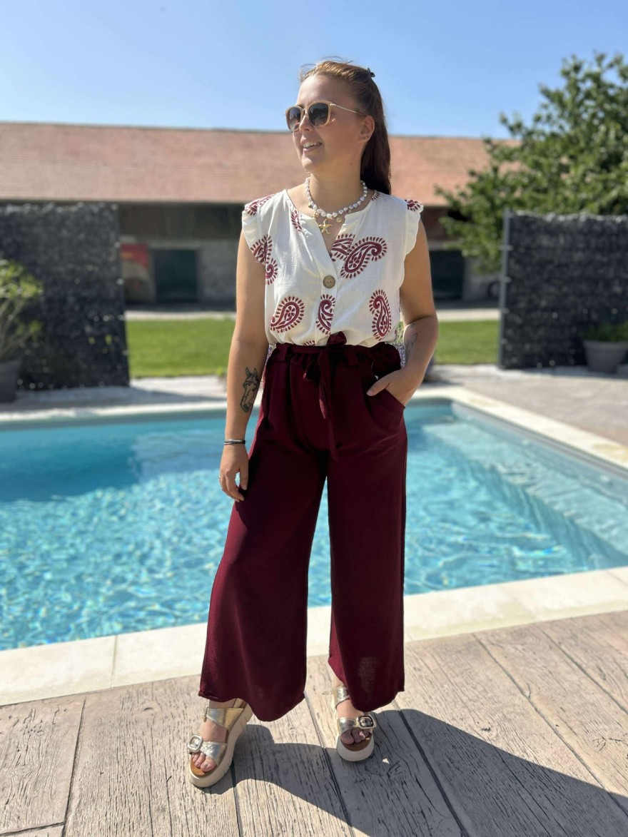 Pantalon fluide taille unique bordeaux ceinturé Hera | Marina & Paloma