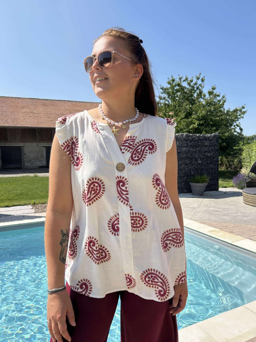 Top blanc motif bordeaux Miss Vivi sans manche | Marina & Paloma
