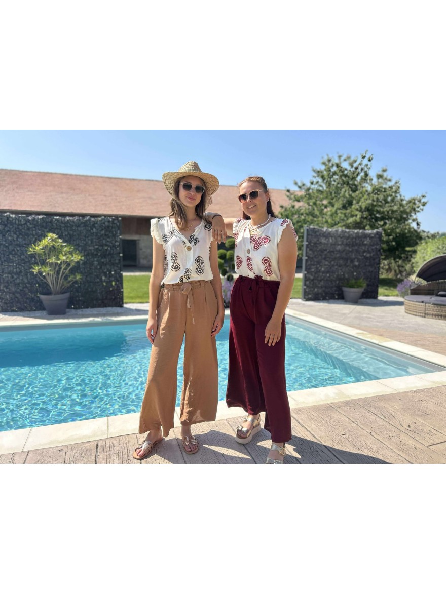 Top blanc motif bordeaux Miss Vivi sans manche | Marina & Paloma