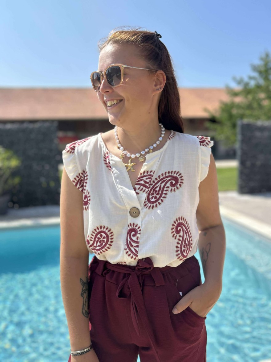 Top blanc motif bordeaux Miss Vivi sans manche | Marina & Paloma