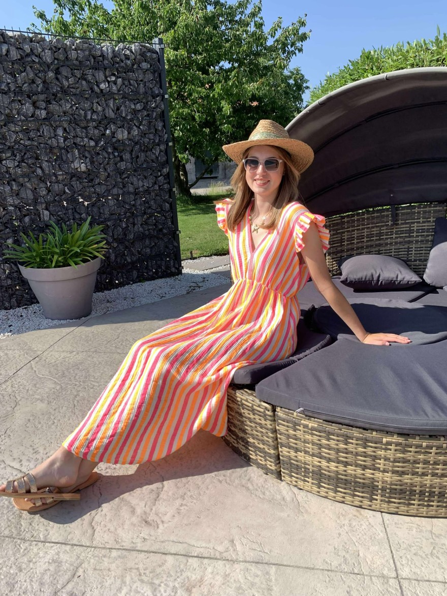 Robe D'été Rayée Oasis Manches Nouées - Taille 12 - Noir Longue En Coton