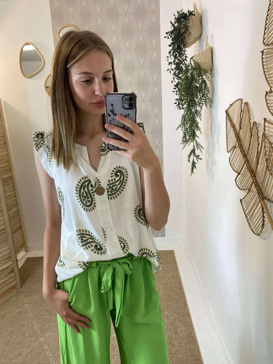 Pantalon fluide vert pomme ceinture Héra | Marina & Paloma