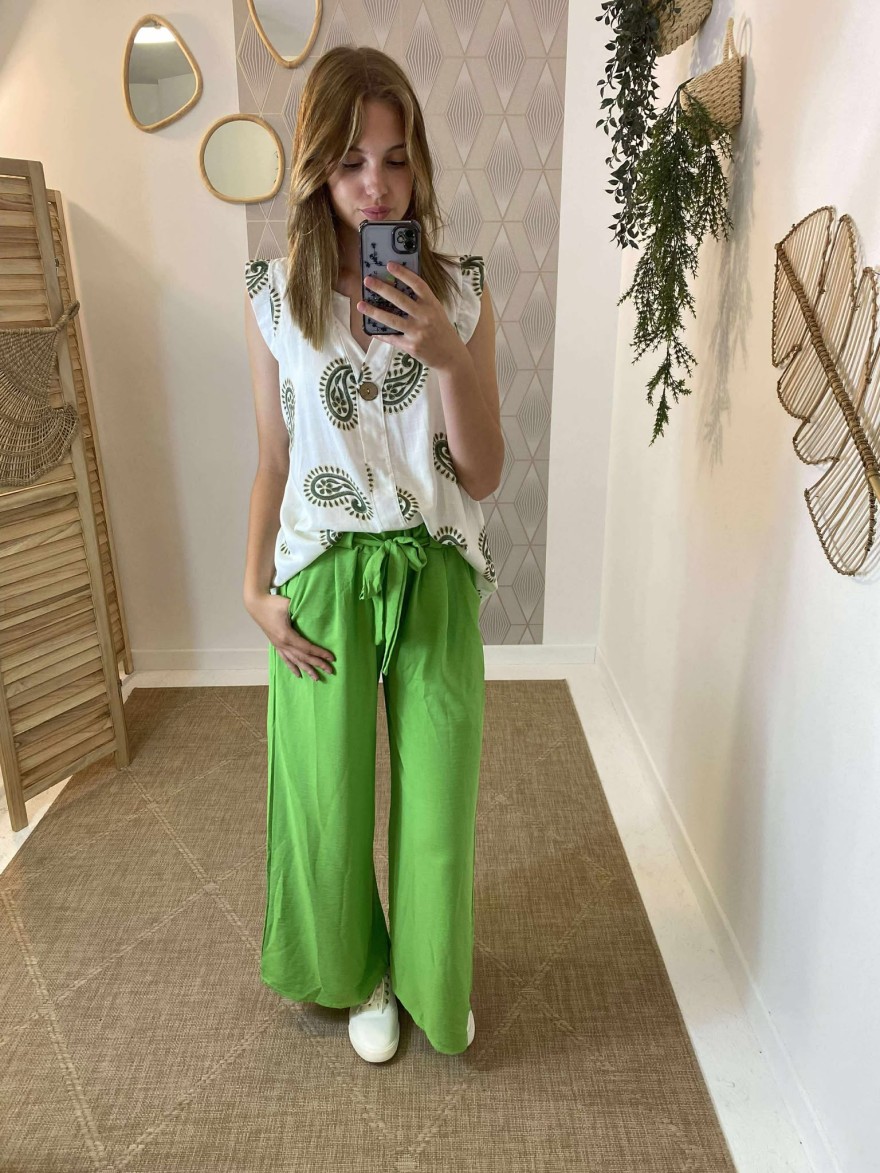 Pantalon fluide vert pomme ceinture Héra | Marina & Paloma