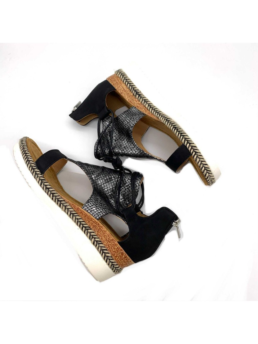 Nu-pied noir argenté à motif serpent avec talon compensé | Marina & Paloma