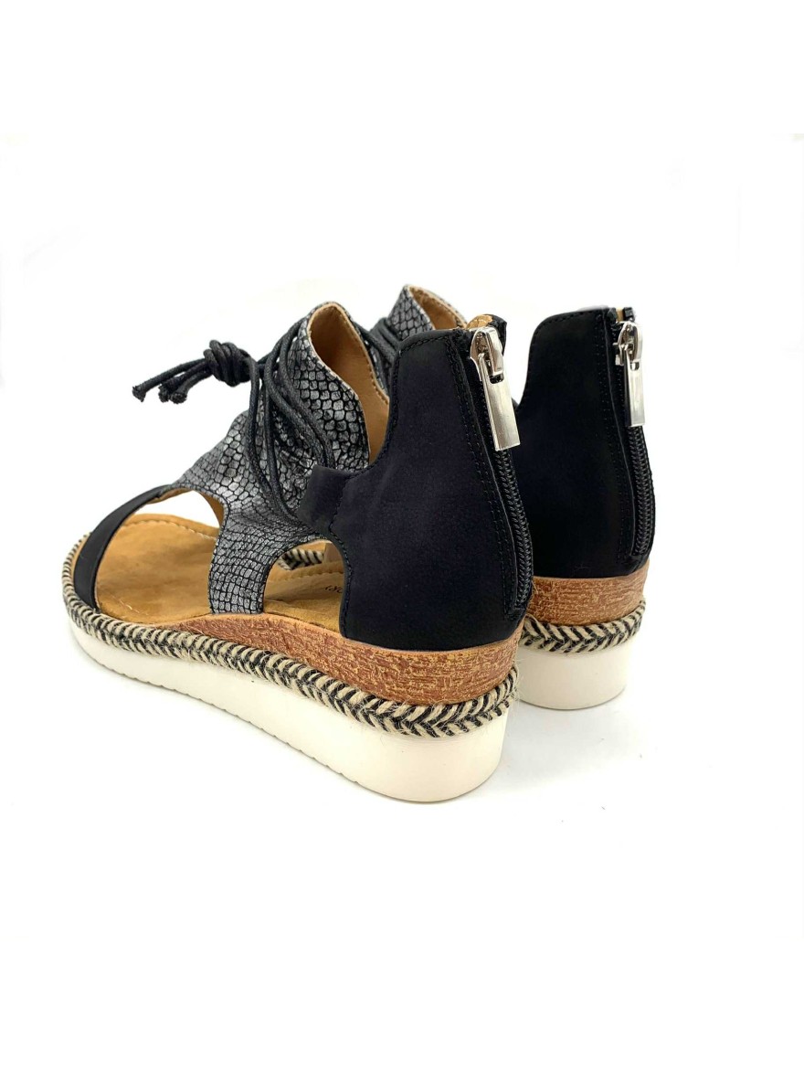 Nu-pied noir argenté à motif serpent avec talon compensé | Marina & Paloma