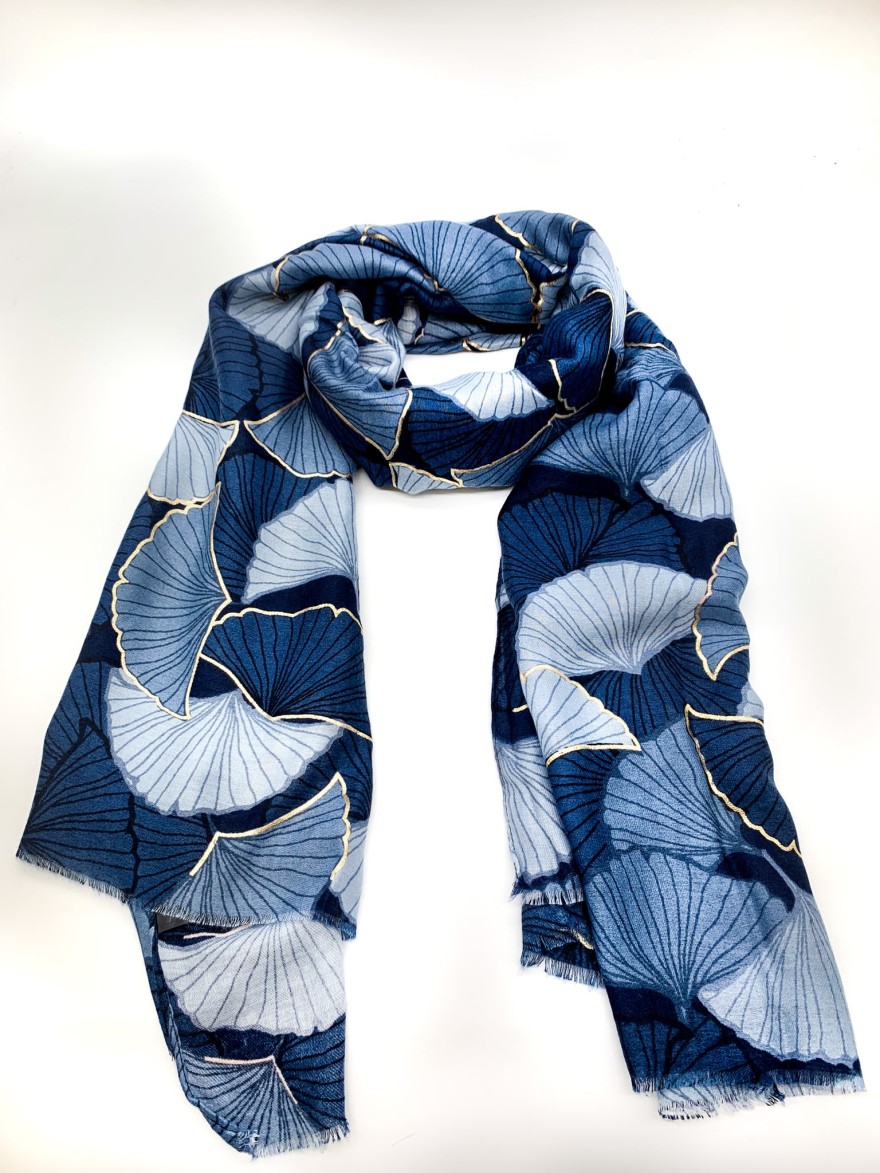 Foulard feuillage gingko bleu doré | Marina & Paloma