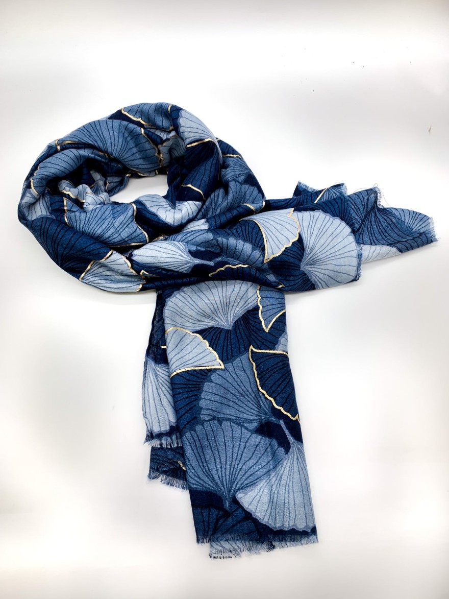 Foulard feuillage gingko bleu doré | Marina & Paloma