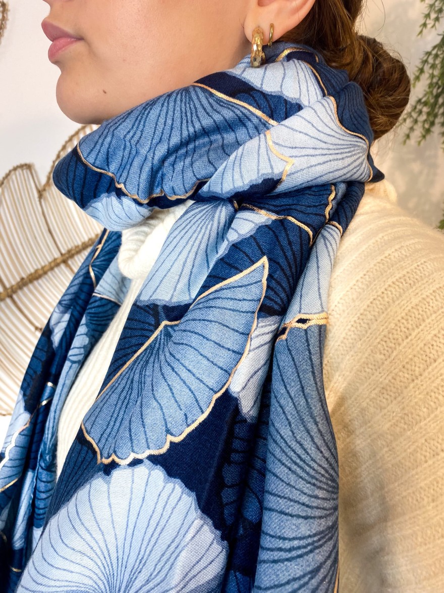 Foulard feuillage gingko bleu doré | Marina & Paloma