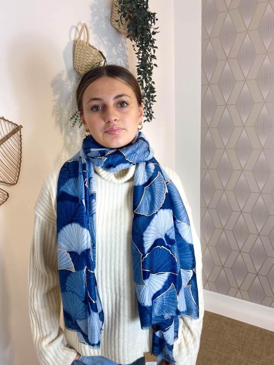 Foulard feuillage gingko bleu doré | Marina & Paloma