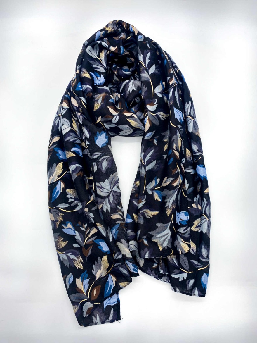 Foulard floral bleu clair et or sur fond bleu | Marina & Paloma