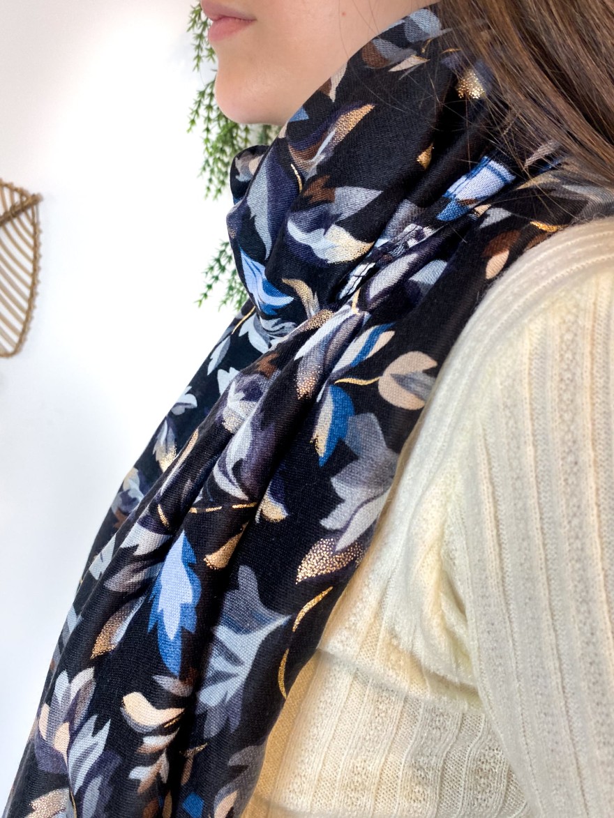 Foulard floral bleu clair et or sur fond bleu | Marina & Paloma