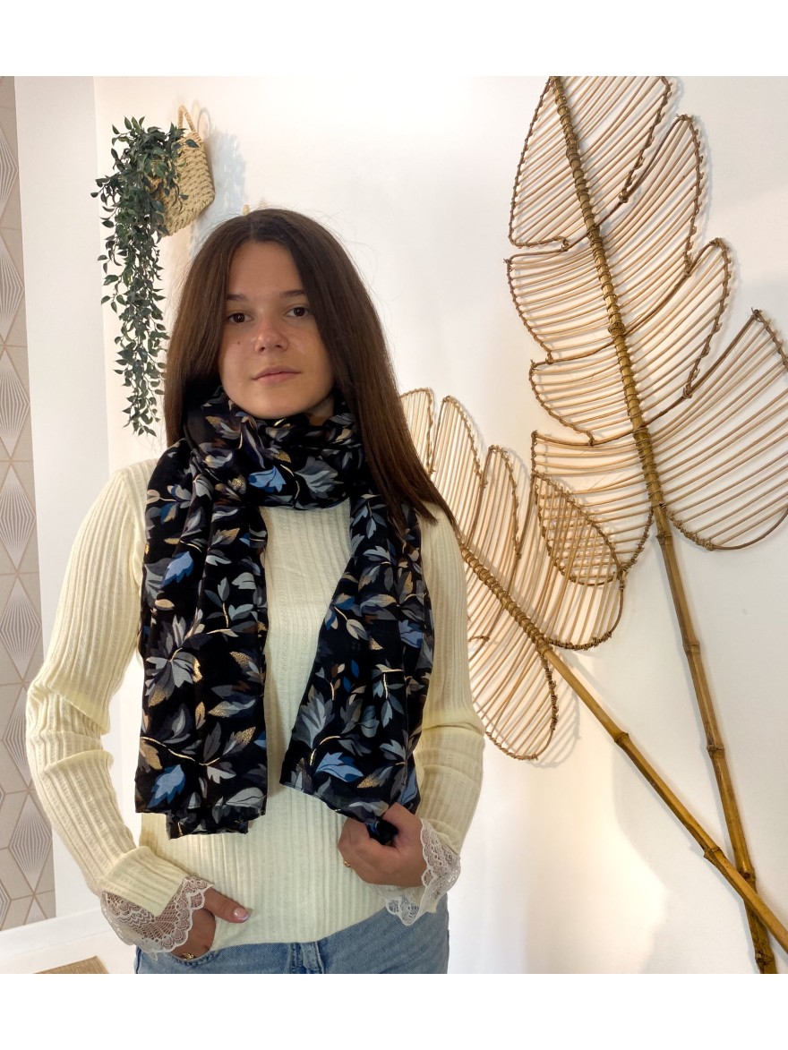 Foulard floral bleu clair et or sur fond bleu | Marina & Paloma