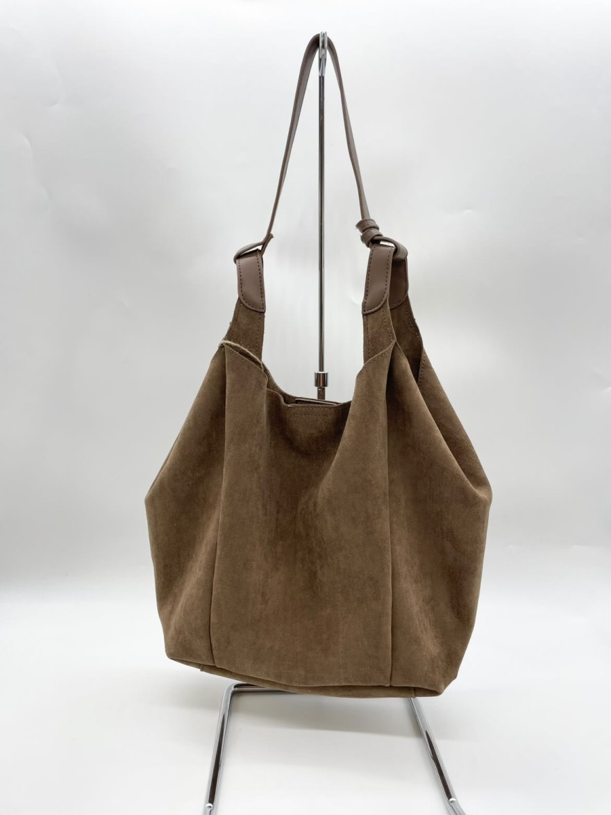 Sac fourre-tout marron taupe avec anse cuir | Marina & Paloma