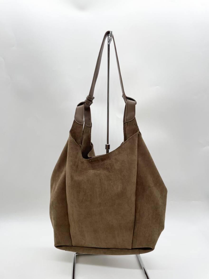 Sac fourre-tout marron taupe avec anse cuir | Marina & Paloma