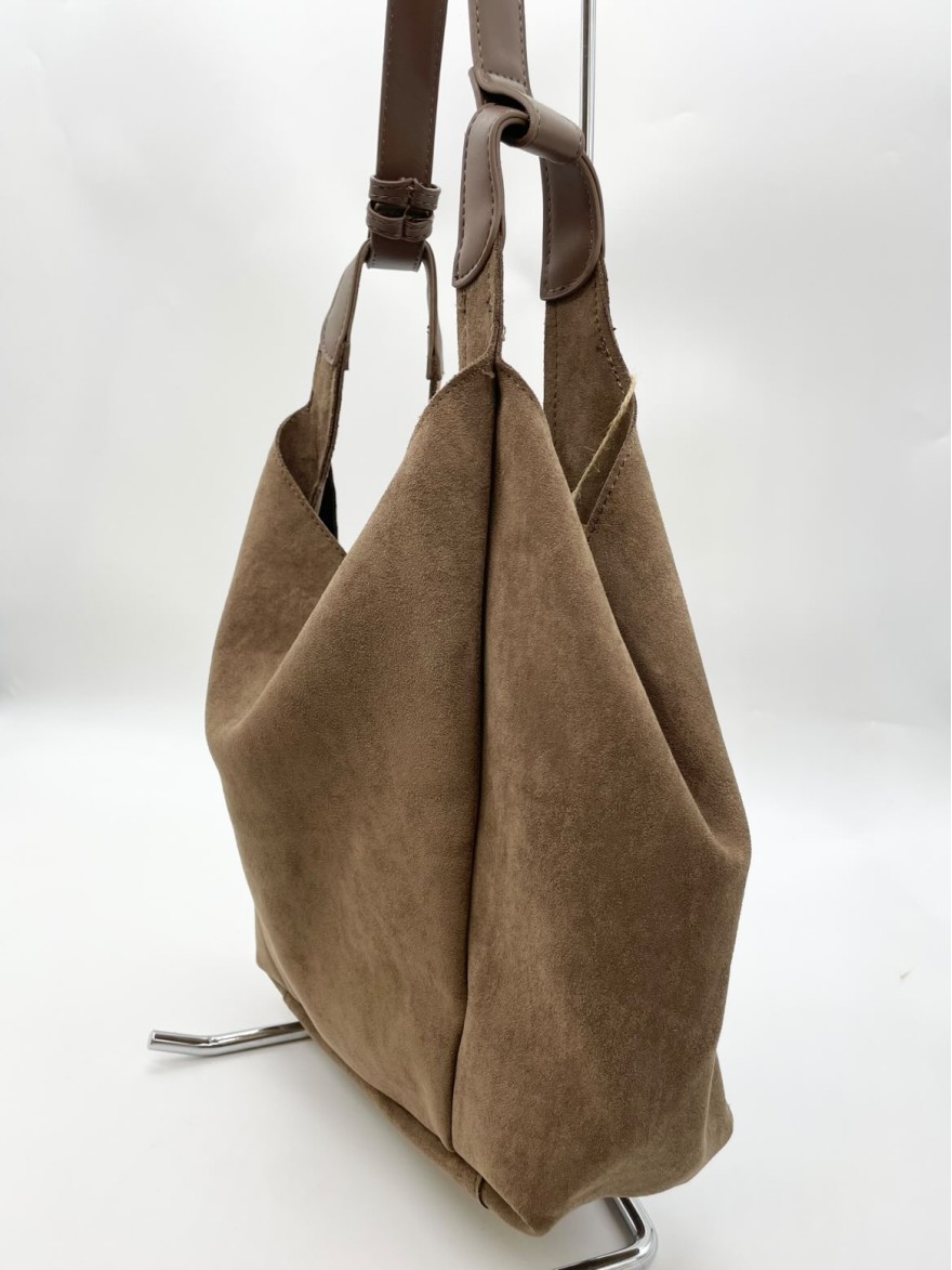 Sac fourre-tout marron taupe avec anse cuir | Marina & Paloma
