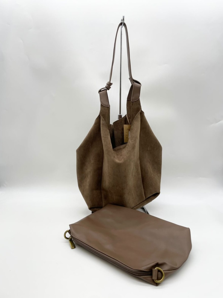Sac fourre-tout marron taupe avec anse cuir | Marina & Paloma