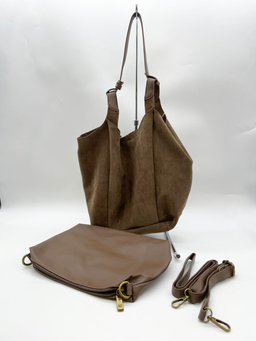 Sac fourre-tout marron taupe avec anse cuir | Marina & Paloma