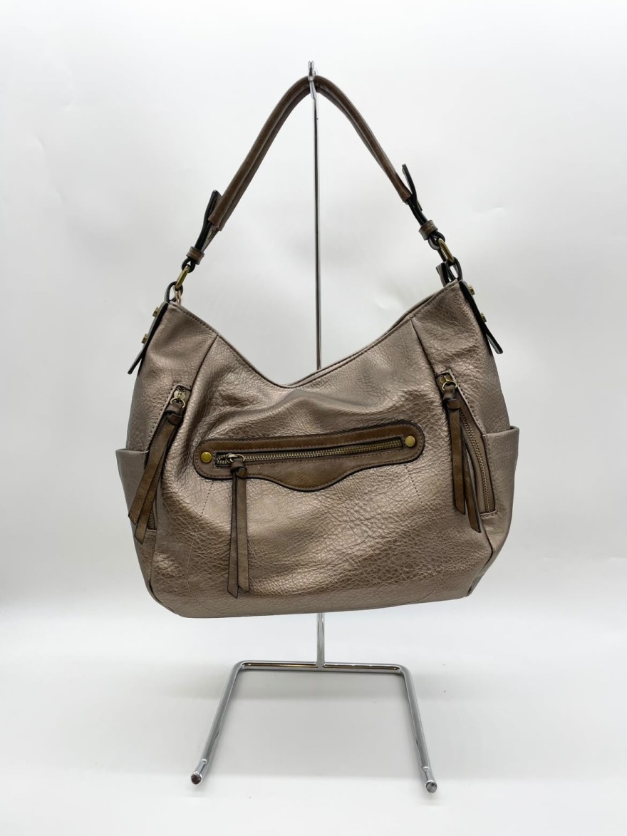 Sac à main taupe brillant à détails marron | Marina & Paloma