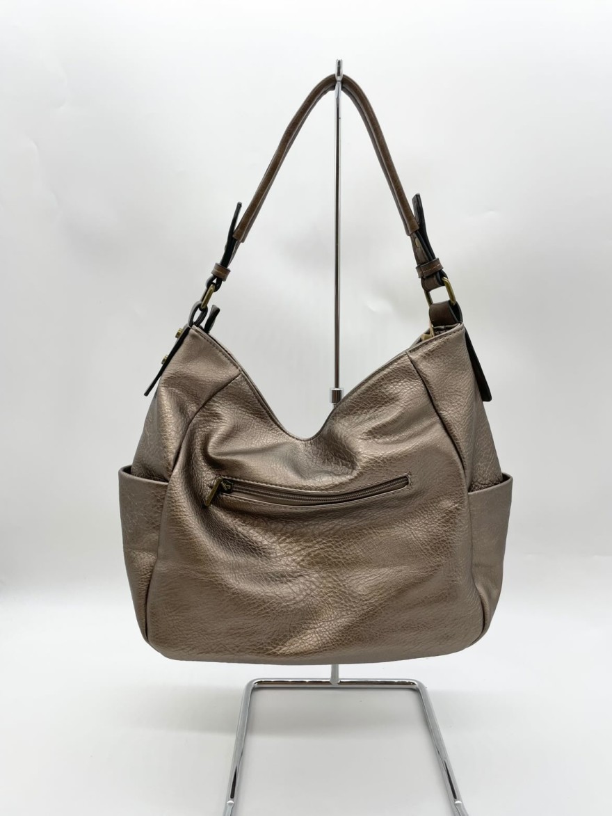Sac à main taupe brillant à détails marron | Marina & Paloma