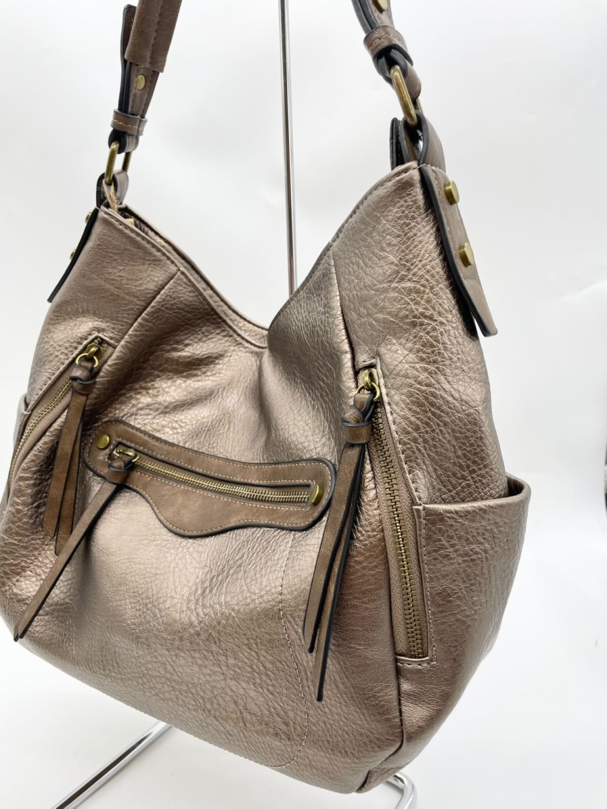 Sac à main taupe brillant à détails marron | Marina & Paloma