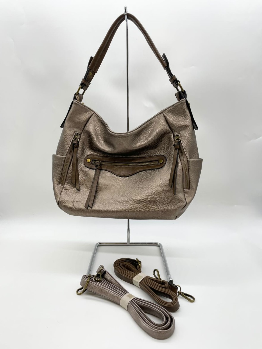 Sac à main taupe brillant à détails marron | Marina & Paloma