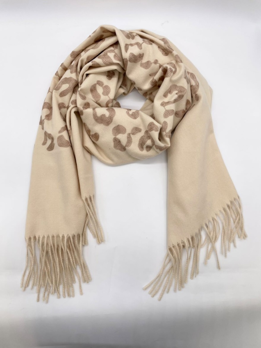 Écharpe beige brodée léopard doré douce et chaude | Marina & Paloma