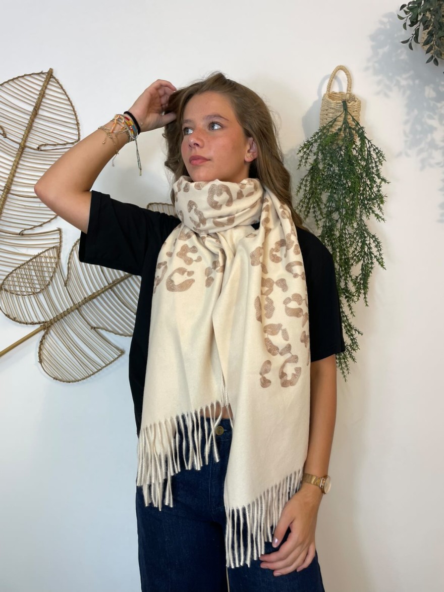 Écharpe beige brodée léopard doré douce et chaude | Marina & Paloma
