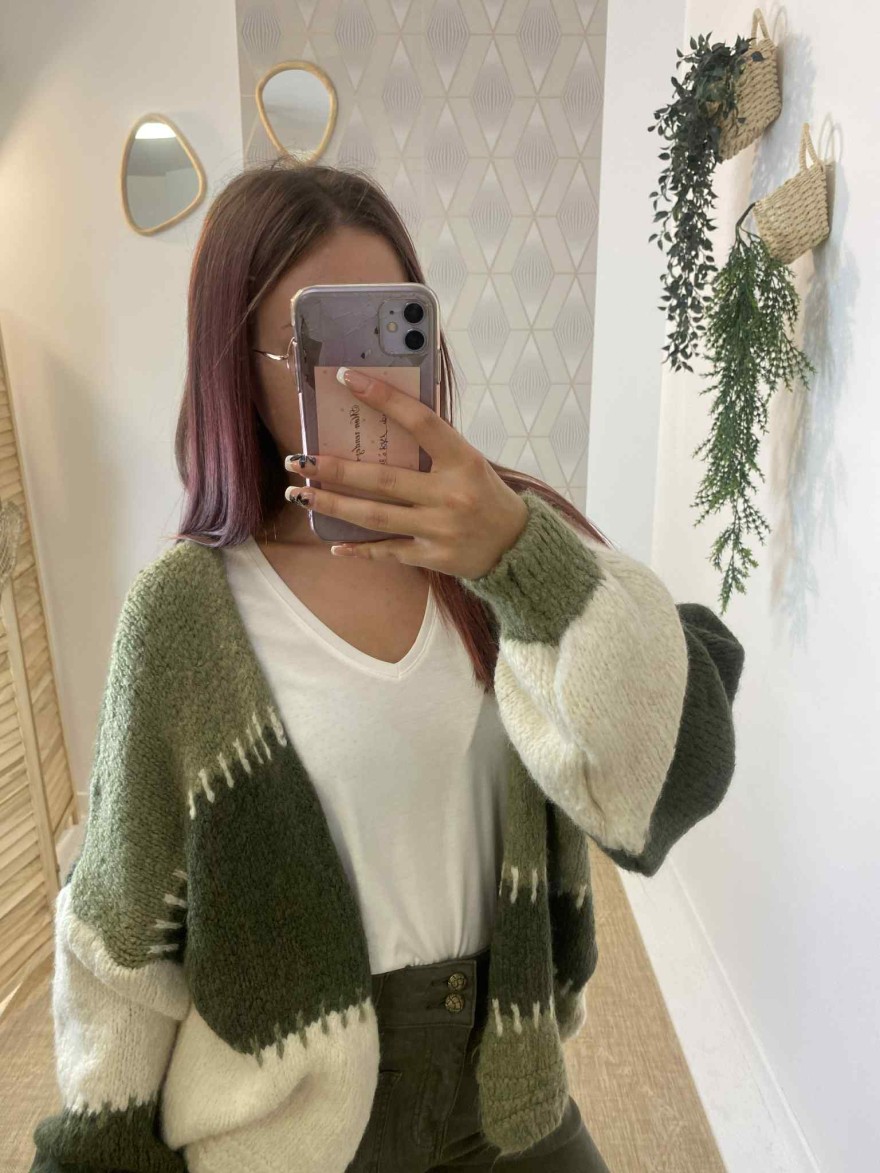 Cardigan patchwork kaki et blanc – Saison du Vent | Marina & Paloma | Marina & Paloma