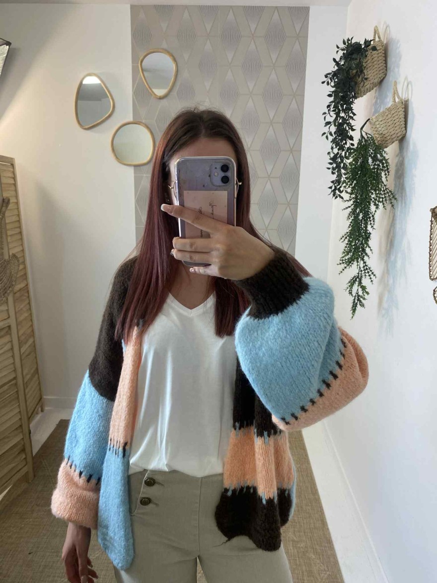 Cardigan patchwork rose bleu marron – Saison du Vent | Marina & Paloma