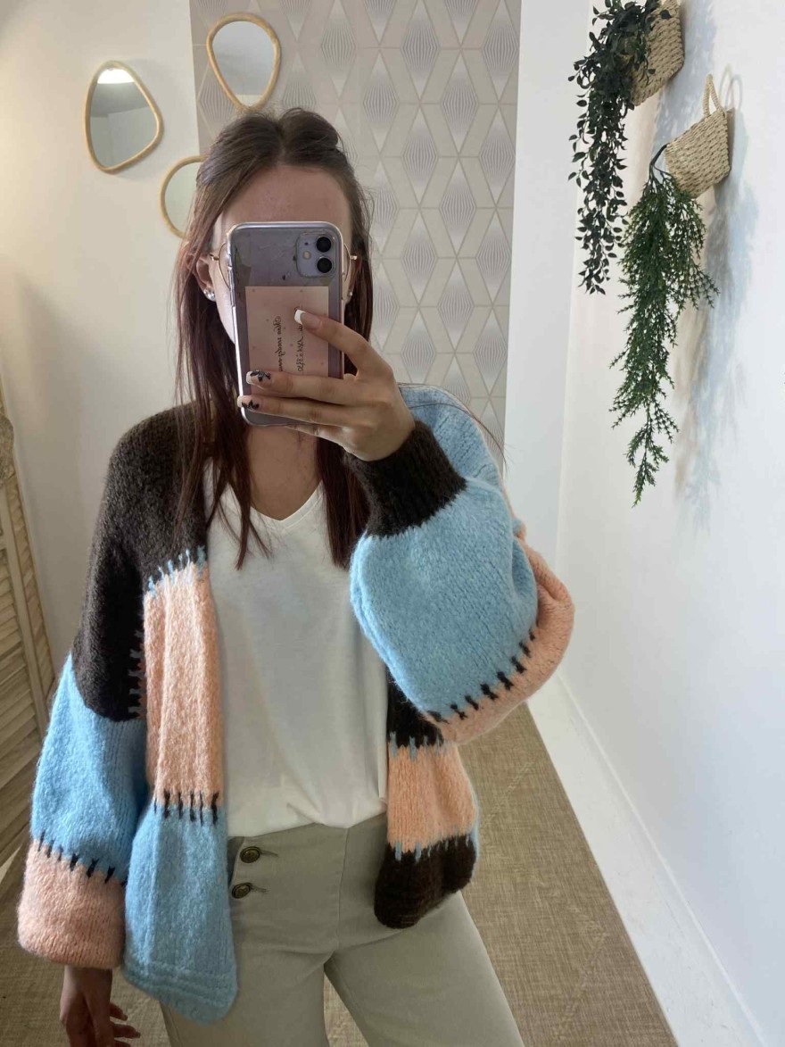 Cardigan patchwork rose bleu marron – Saison du Vent | Marina & Paloma
