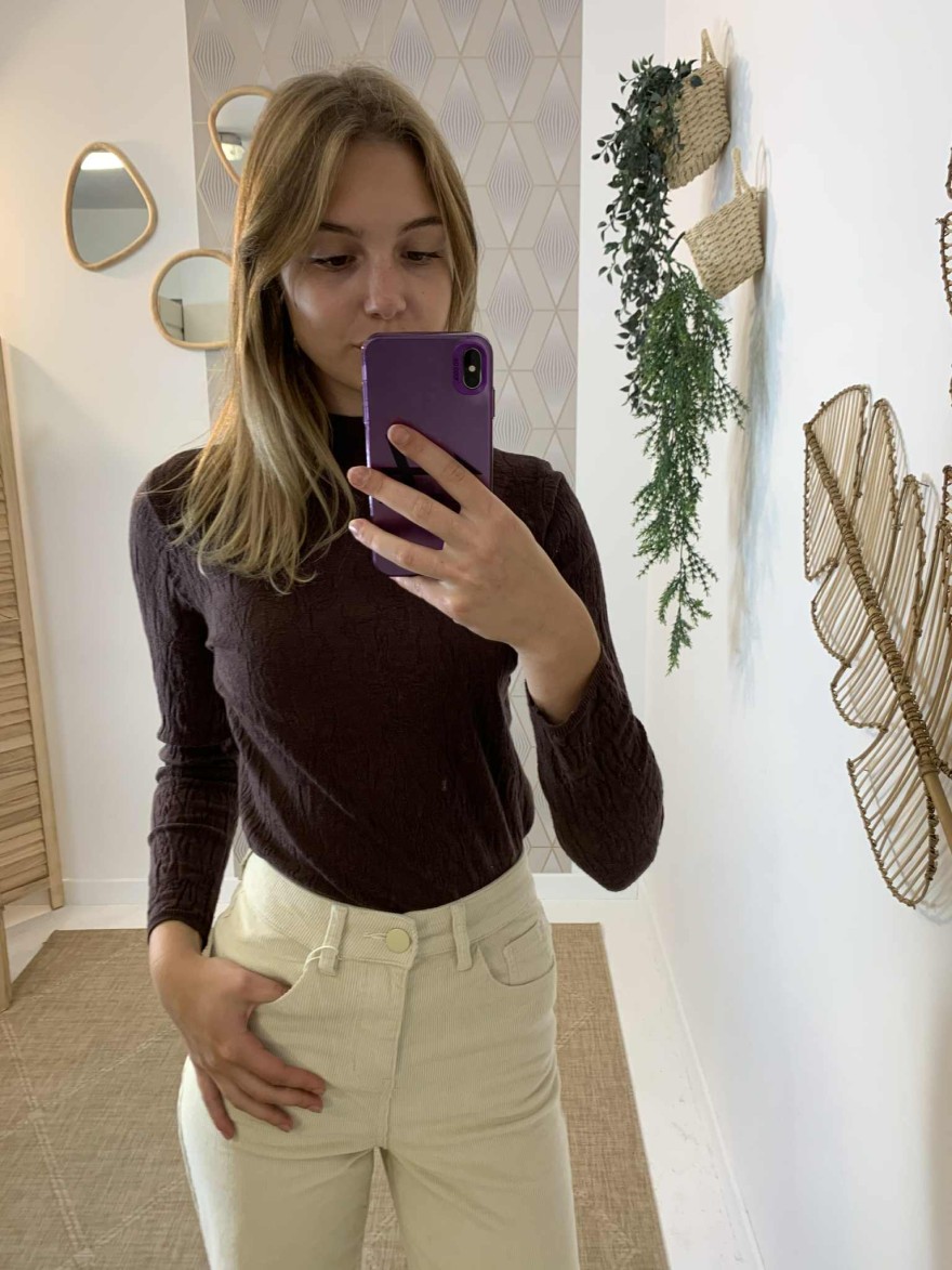 Sous-pull col cheminé marron chocolat près du corps | Marina & Paloma