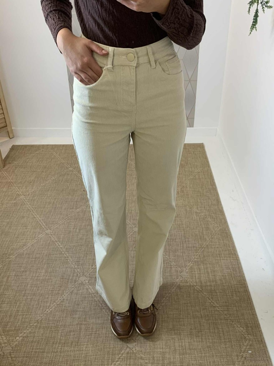 Pantalon velours côtelé beige wide leg Oraije taille haute | Marina & Paloma