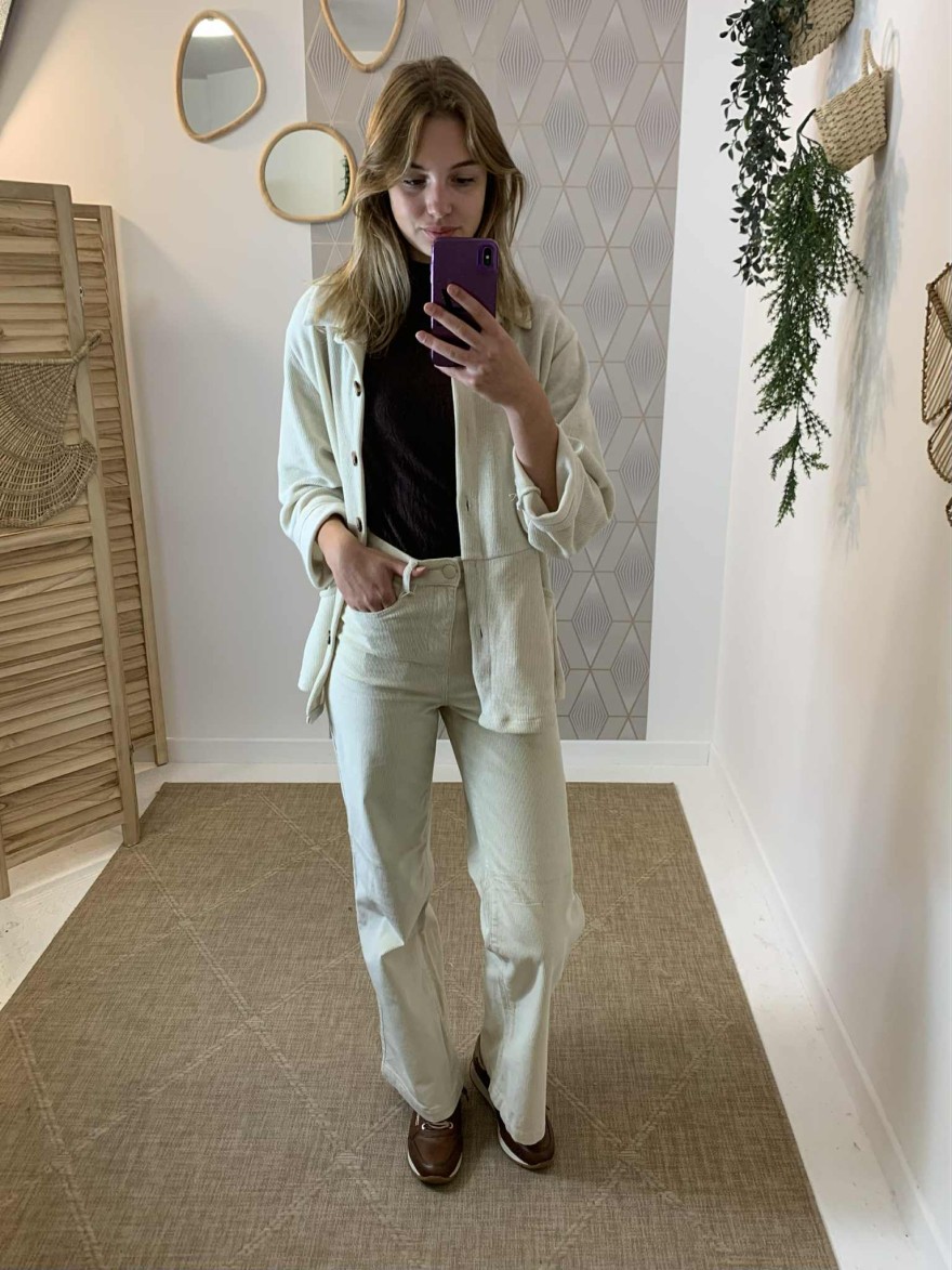 Pantalon velours côtelé beige wide leg Oraije taille haute | Marina & Paloma