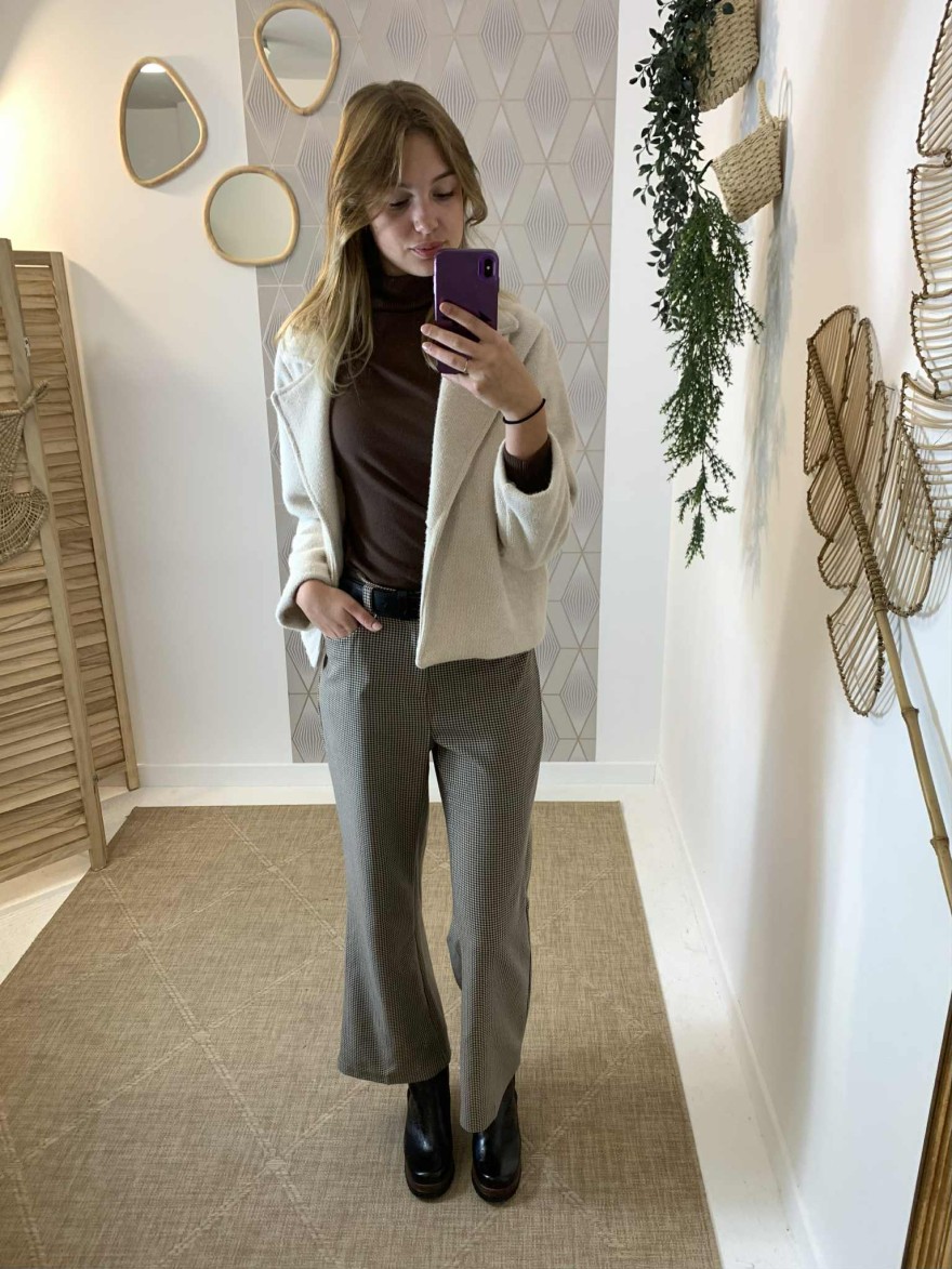 Pantalon à carreaux marron beige noir taille haute Oraije | Marina & Paloma