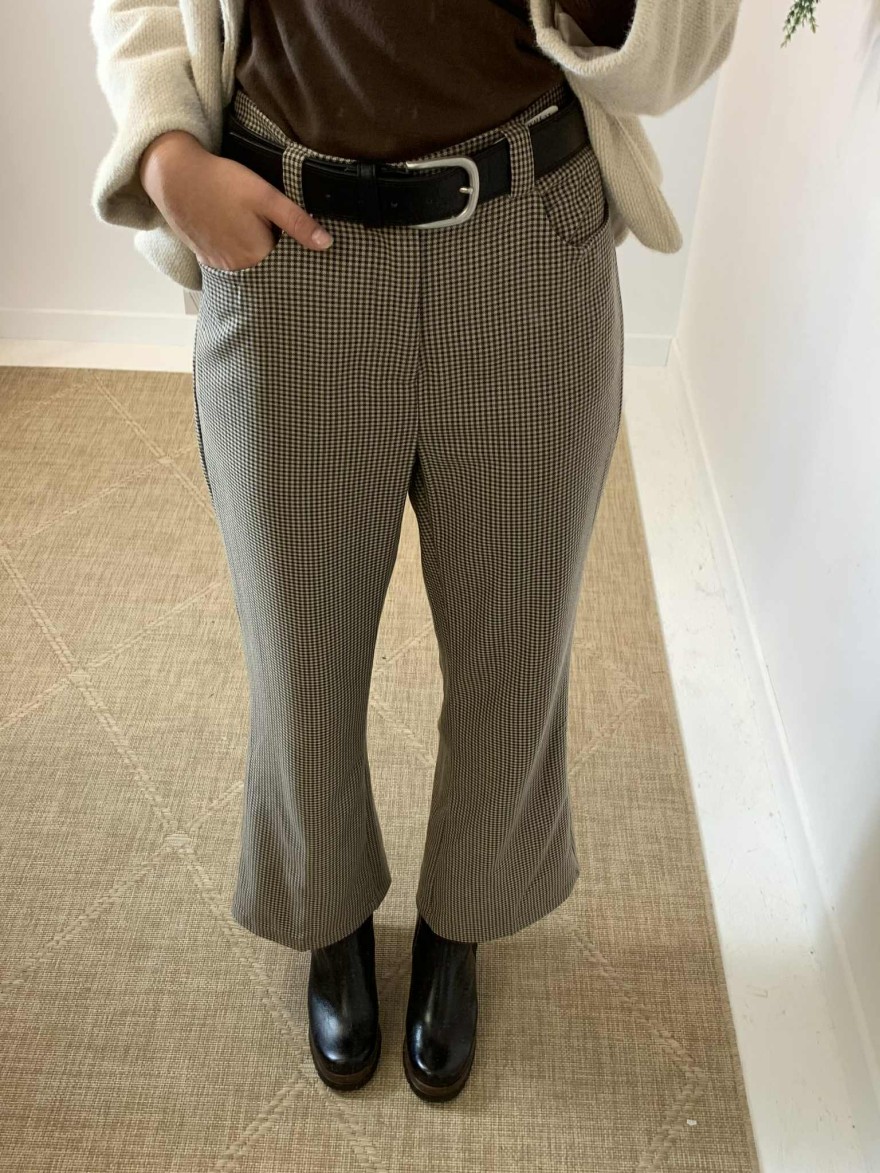 Pantalon à carreaux marron beige noir taille haute Oraije | Marina & Paloma