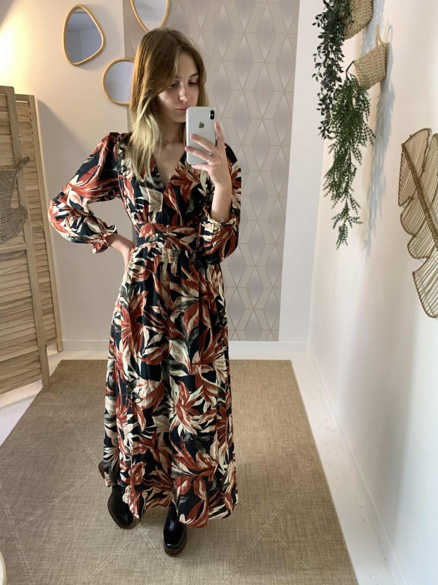 Robe longue noire motifs beige Maelle | Marina & Paloma