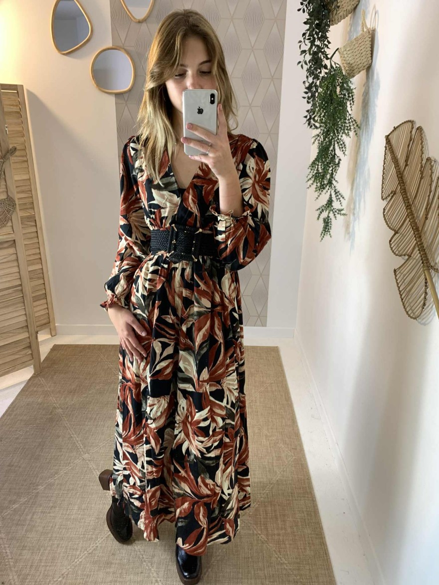 Robe longue noire motifs beige Maelle | Marina & Paloma