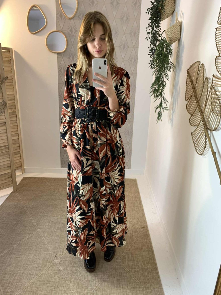 Robe longue noire motifs beige Maelle | Marina & Paloma