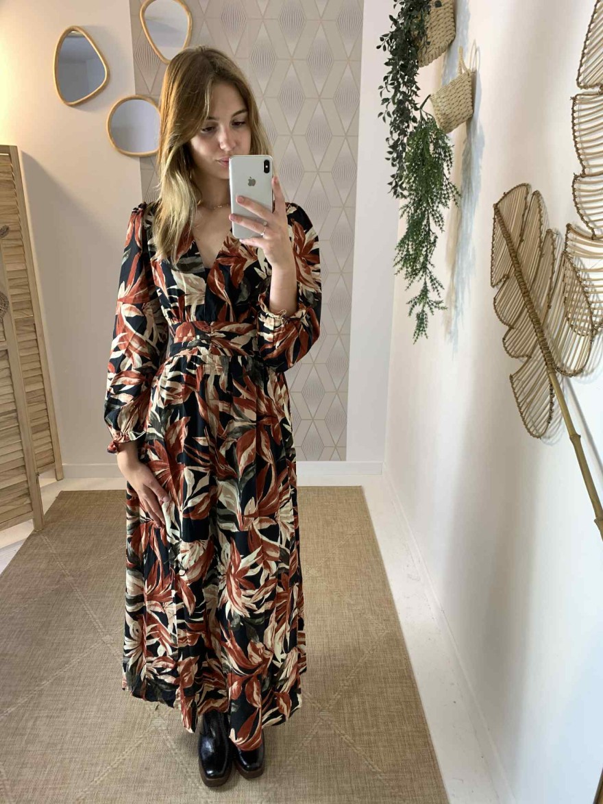 Robe longue noire motifs beige Maelle | Marina & Paloma
