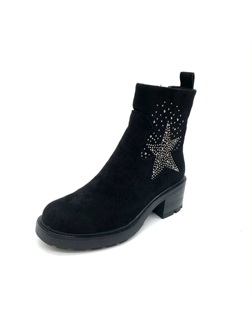 Bottine noire effet velours à talon étoile strass | Marina & Paloma