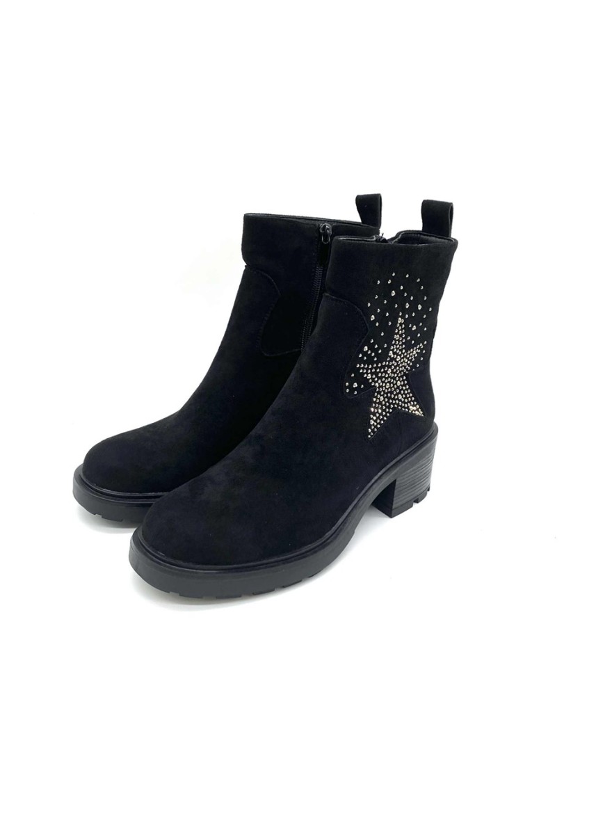 Bottine noire effet velours à talon étoile strass | Marina & Paloma
