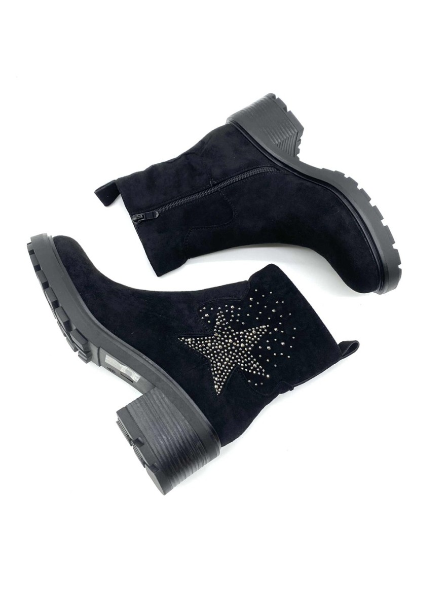 Bottine noire effet velours à talon étoile strass | Marina & Paloma