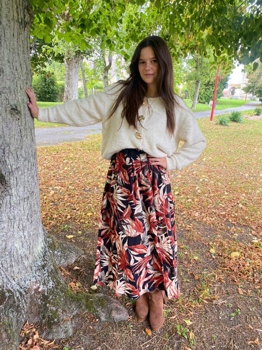 Robe longue noire motifs beige Maelle | Marina & Paloma