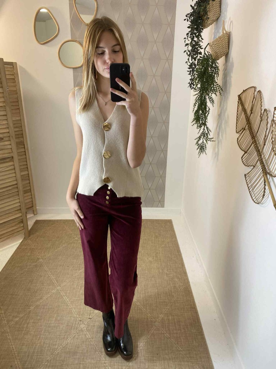 Pull sans manches beige boutons dorés Allen & Jo | Marina & Paloma