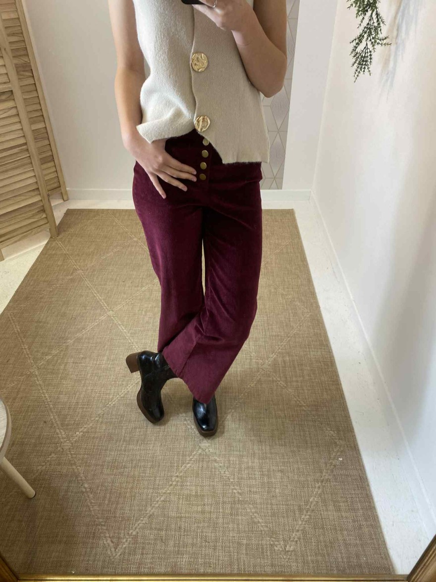 Pantalon flare velours bordeaux Oraije taille haute | Marina & Paloma